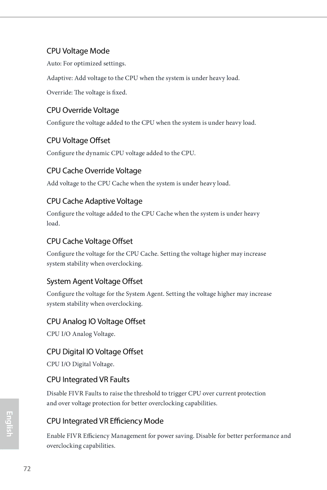 ASRock Z87 Extreme3 manual CPU Voltage Mode, CPU Override Voltage, CPU Voltage Offset, CPU Cache Override Voltage 