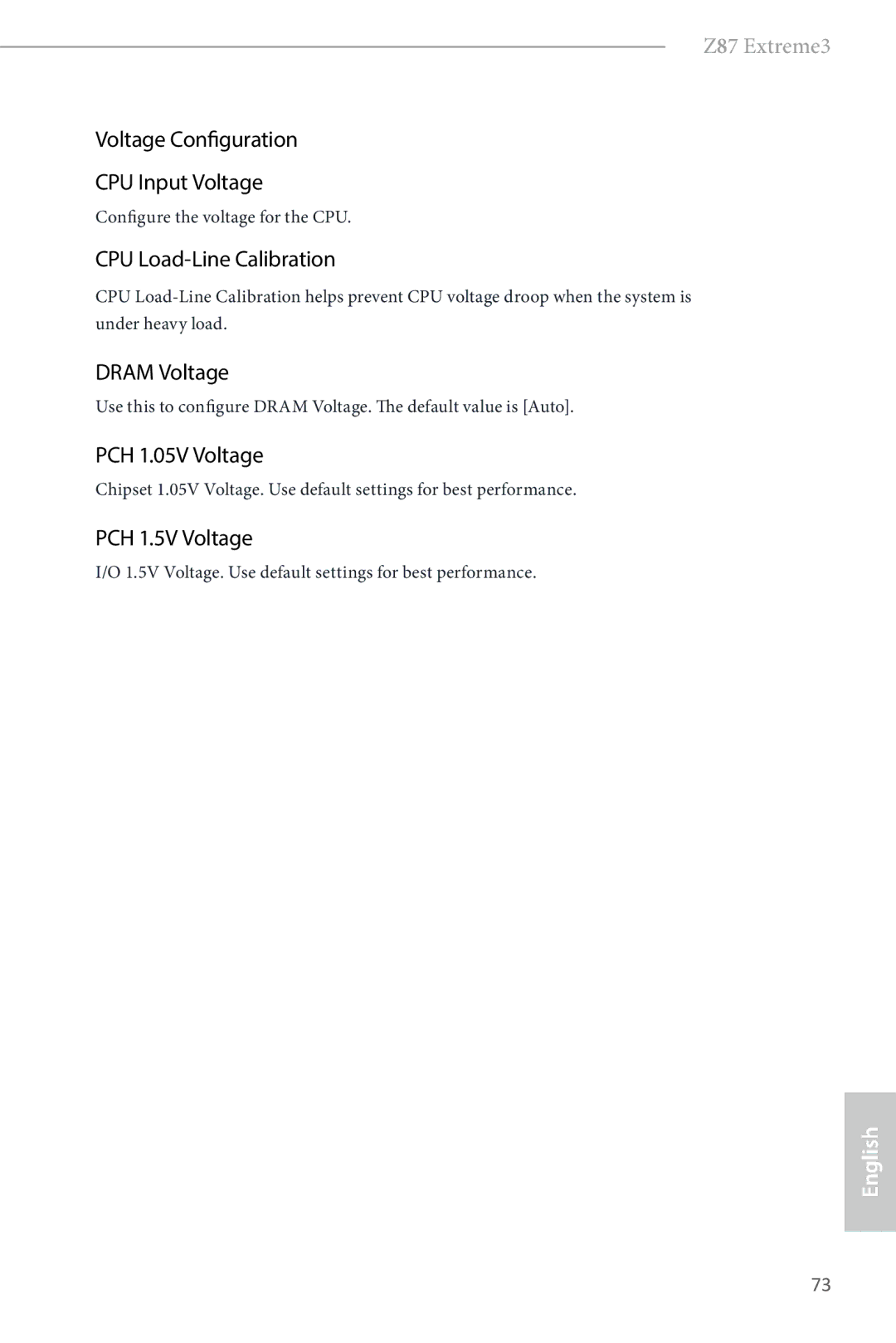 ASRock Z87 Extreme3 Voltage Configuration CPU Input Voltage, CPU Load-Line Calibration, Dram Voltage, PCH 1.05V Voltage 