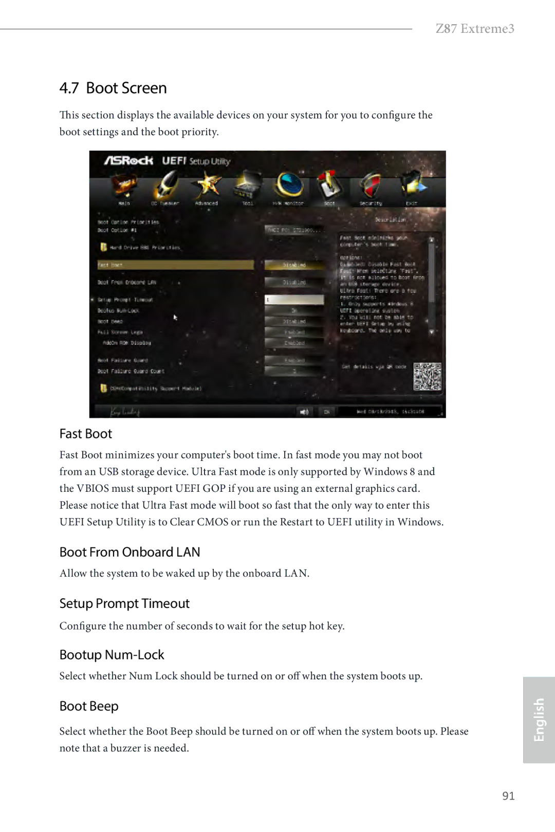 ASRock Z87 Extreme3 manual Boot Screen, Fast Boot, Boot From Onboard LAN, Setup Prompt Timeout, Bootup Num-Lock 