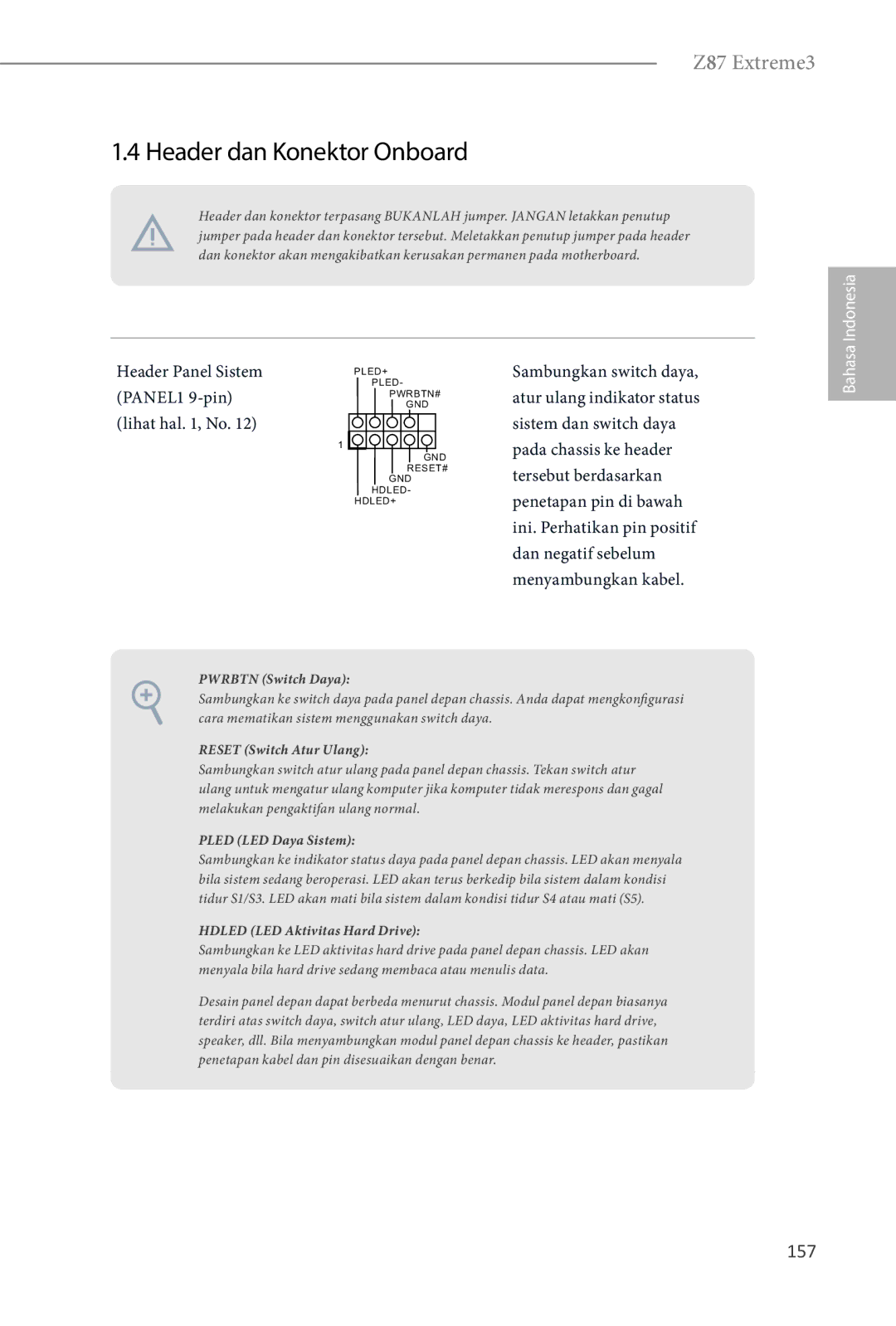 ASRock Z87 Extreme3 manual Header dan Konektor Onboard, 157 