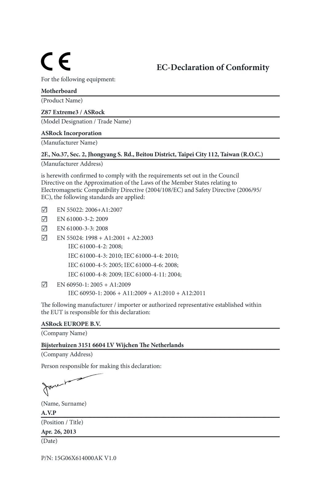 ASRock Z87 Extreme3 manual EC-Declaration of Conformity 