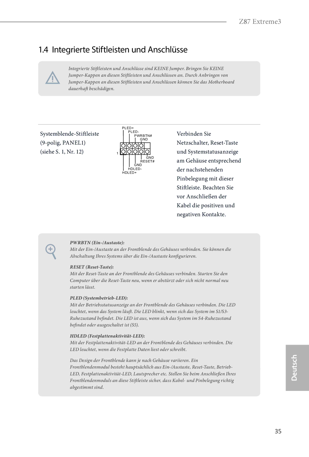 ASRock Z87 Extreme3 manual Integrierte Stiftleisten und Anschlüsse, Systemblende-Stiftleiste Polig, PANEL1 Siehe S , Nr 