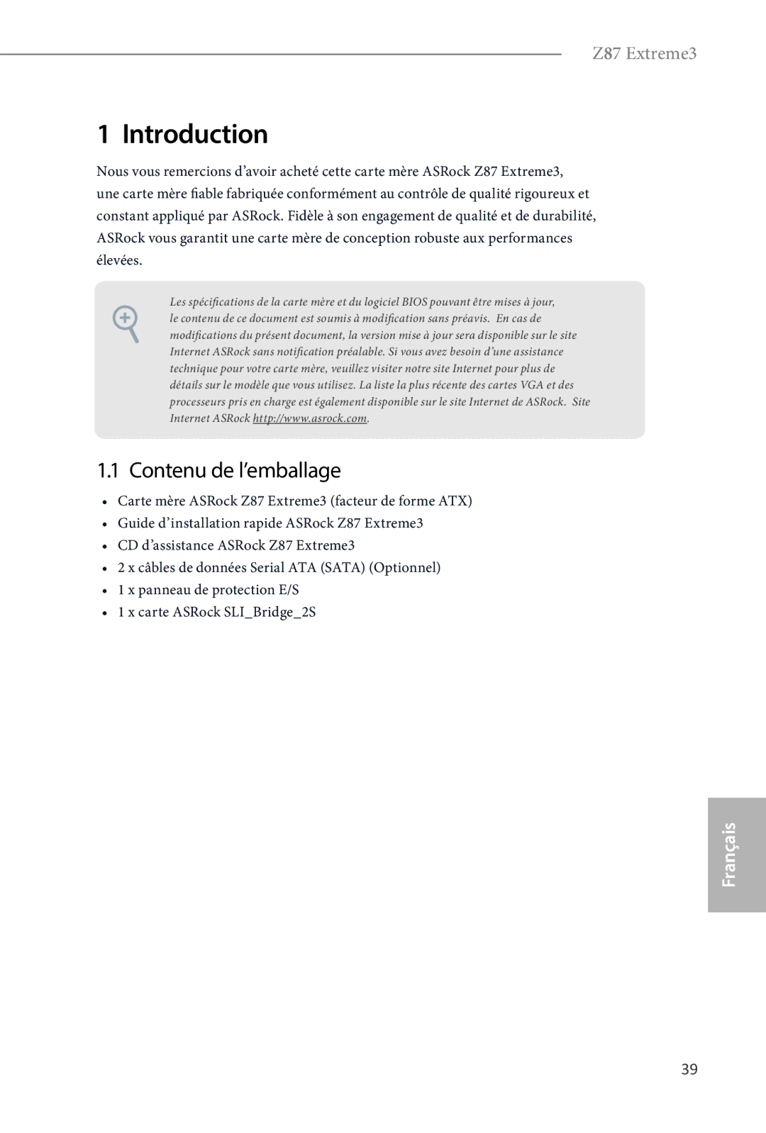 ASRock Z87 Extreme3 manual Contenu de l’emballage 