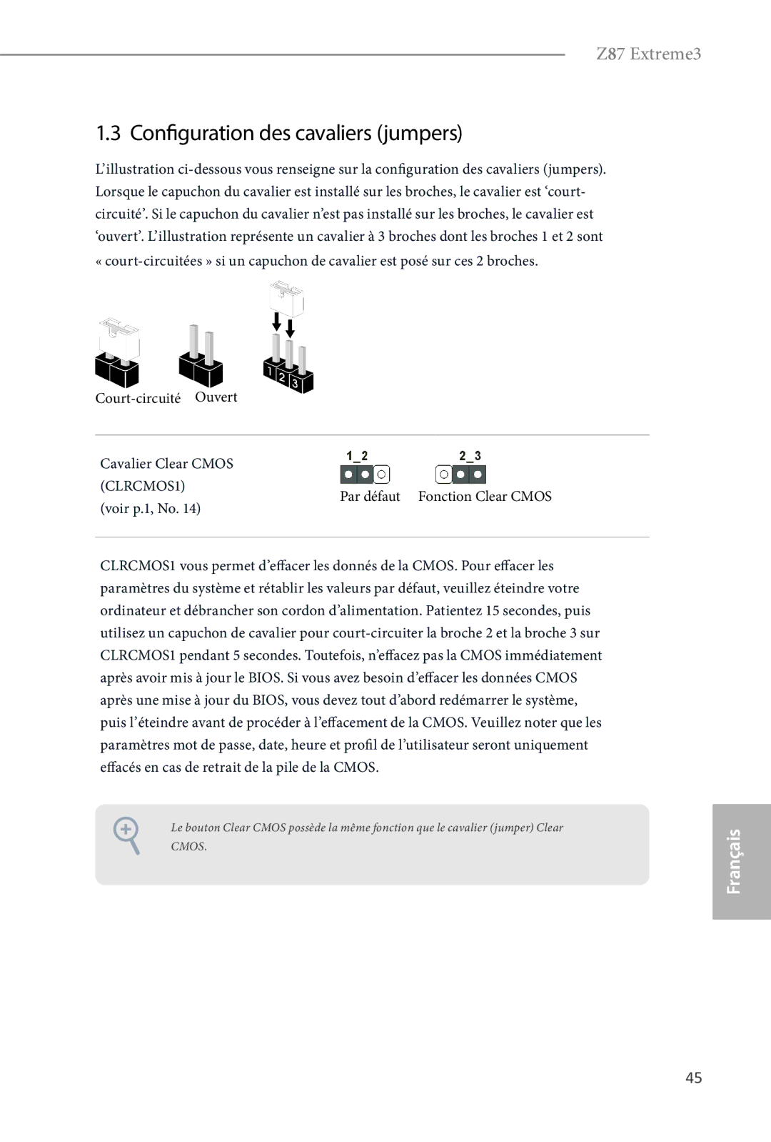 ASRock Z87 Extreme3 manual Configuration des cavaliers jumpers 