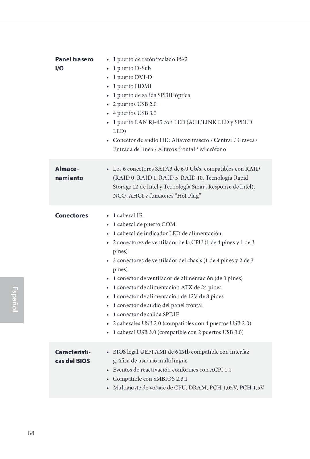 ASRock Z87 Extreme3 manual Panel trasero, Almace, Namiento, Conectores, Característi, Cas del Bios 