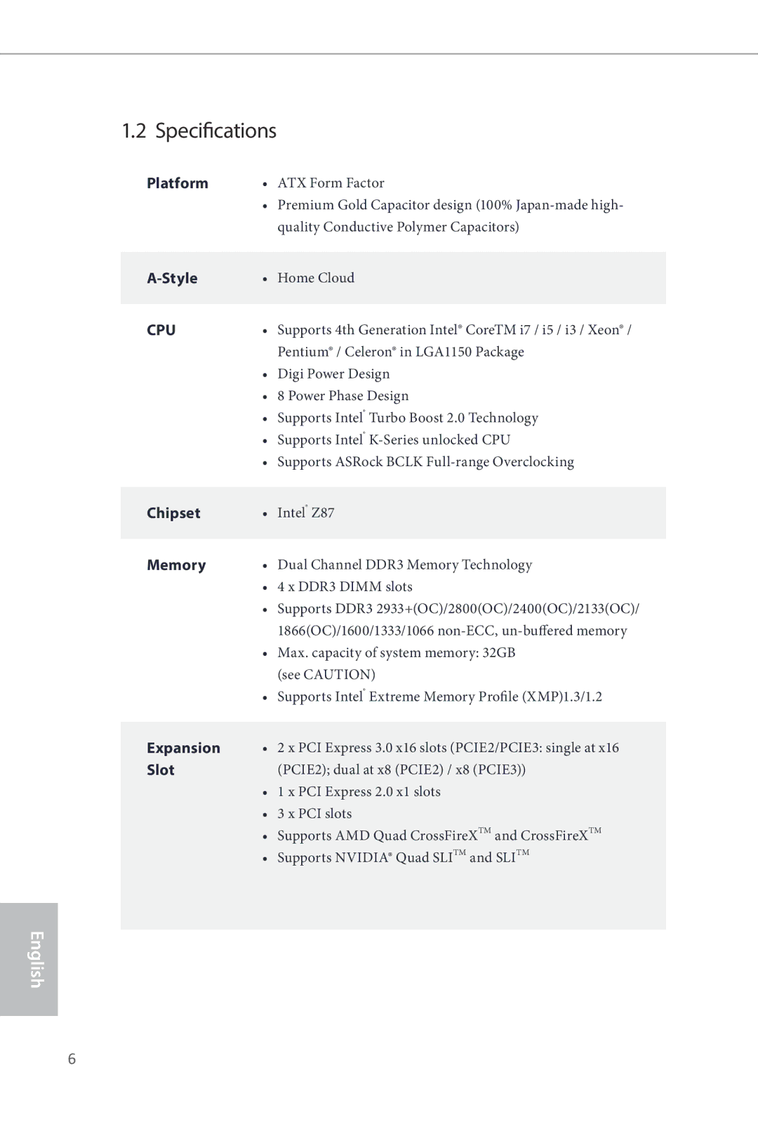 ASRock Z87 Extreme3 manual Specifications 