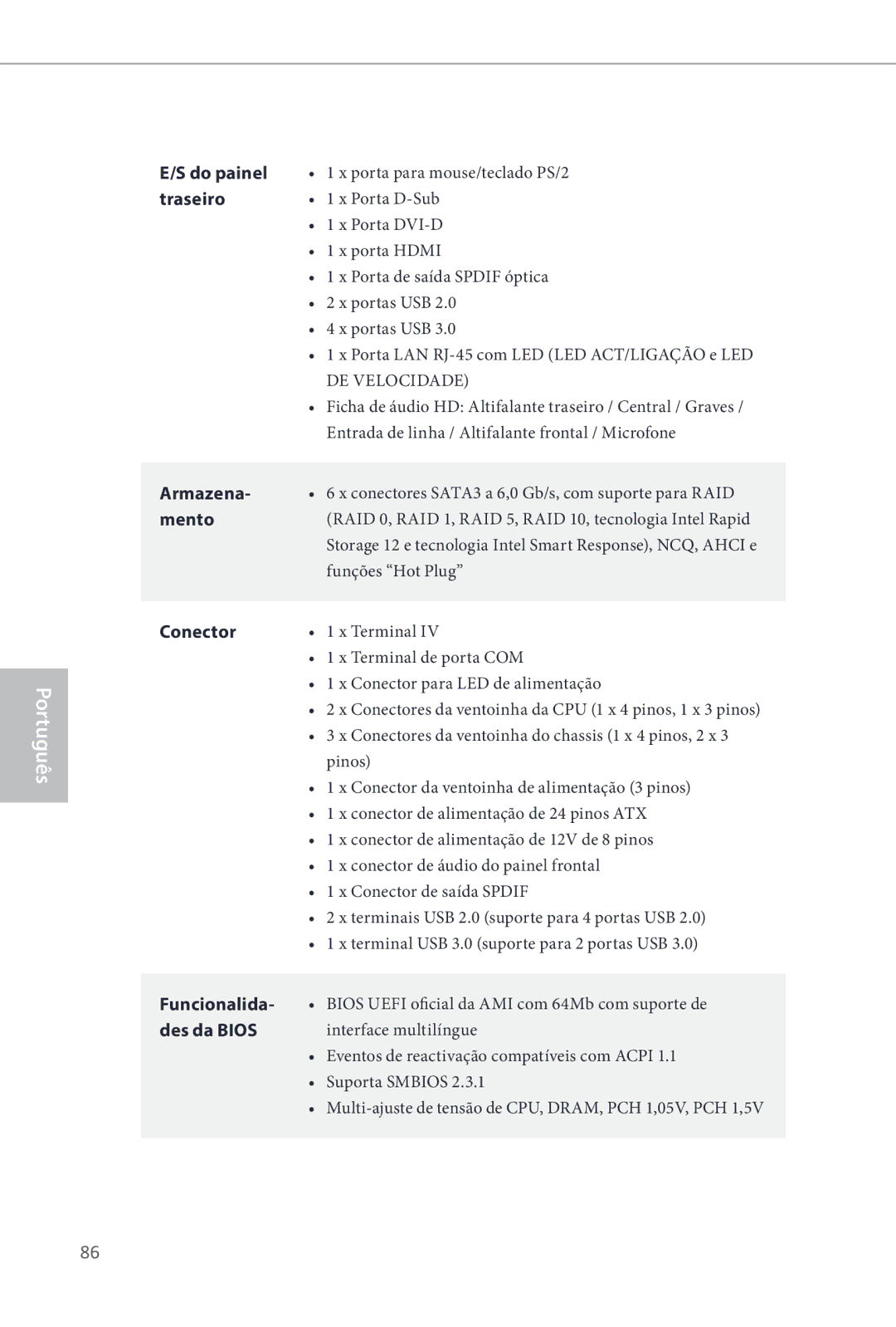 ASRock Z87 Extreme3 manual Do painel, Traseiro, Armazena, Mento, Conector, Funcionalida, Des da Bios 