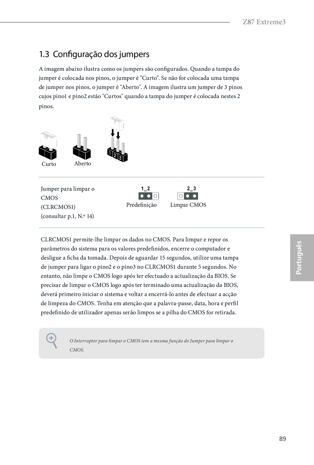 ASRock Z87 Extreme3 manual Configuração dos jumpers, Predefinição Limpar Cmos, Consultar p.1, N.º 