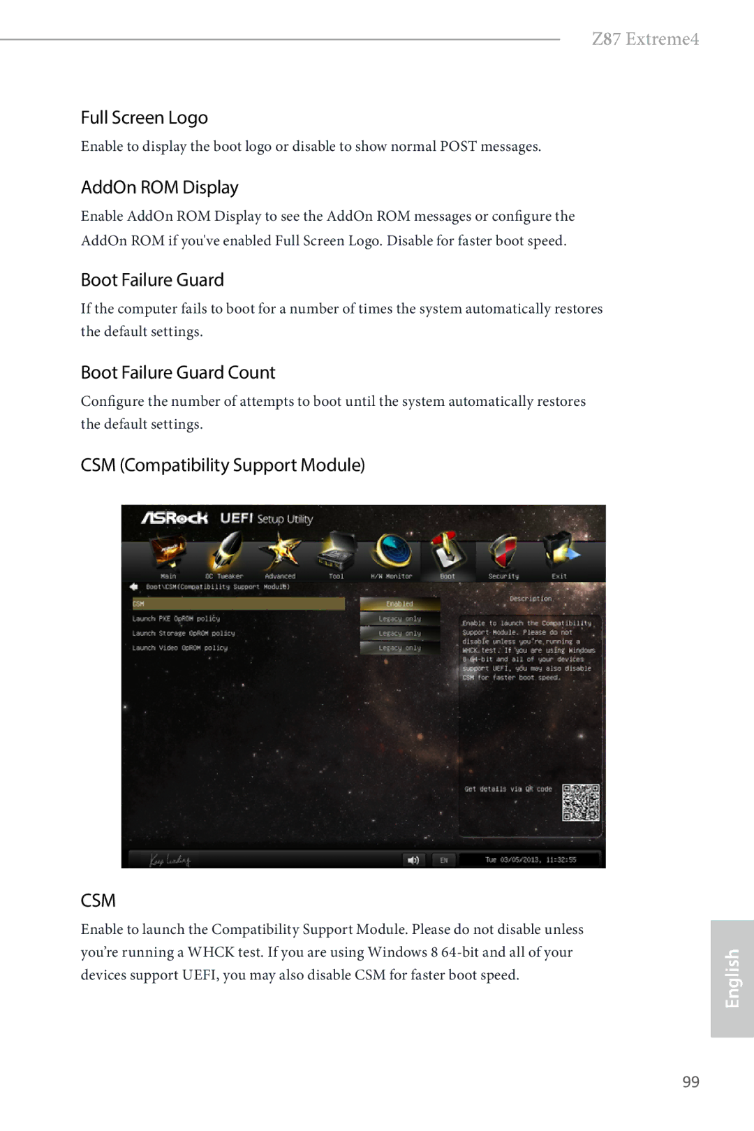 ASRock Z87 Extreme4 Full Screen Logo, AddOn ROM Display, Boot Failure Guard Count, CSM Compatibility Support Module 