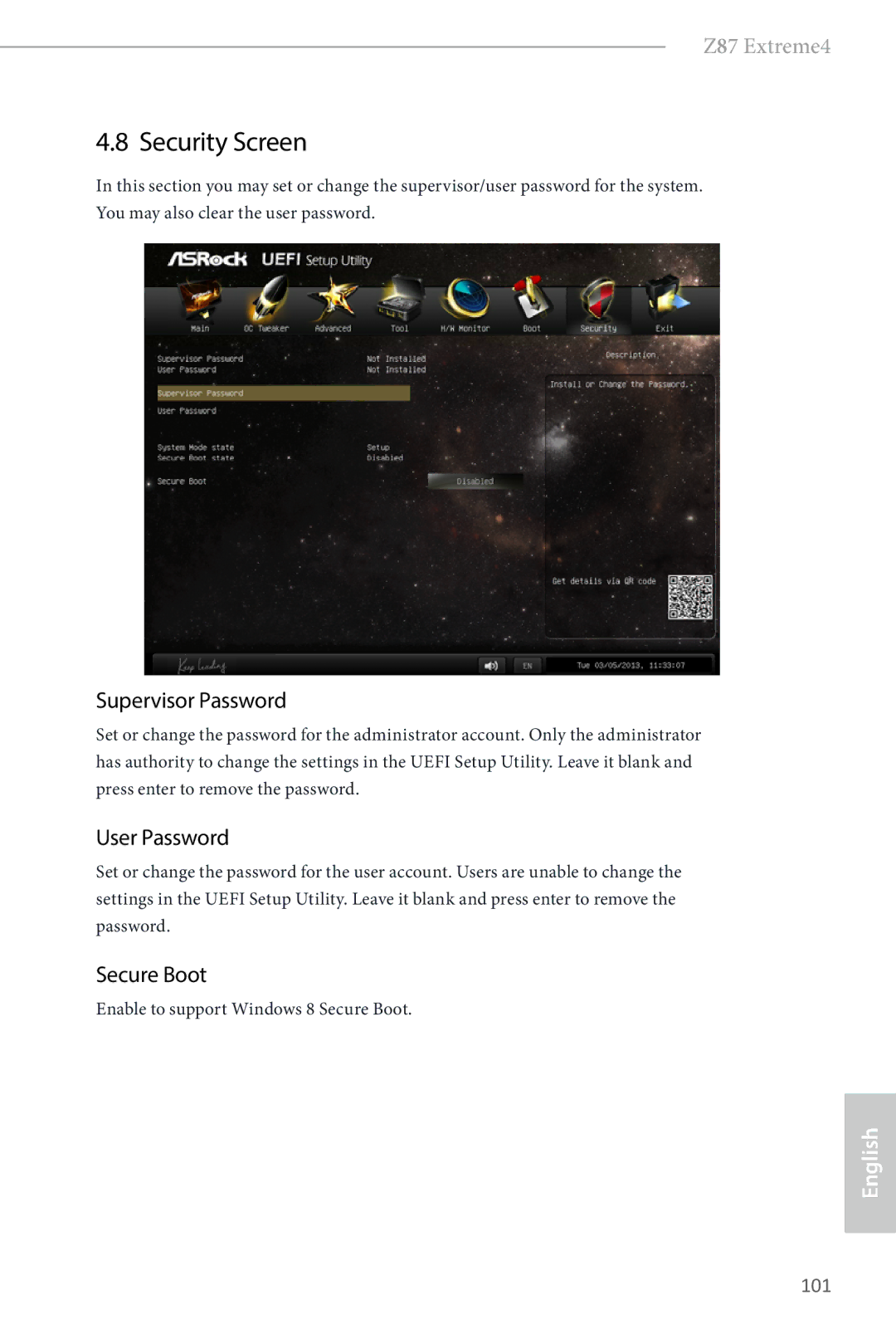 ASRock Z87 Extreme4 manual Security Screen, Supervisor Password, User Password, Secure Boot 