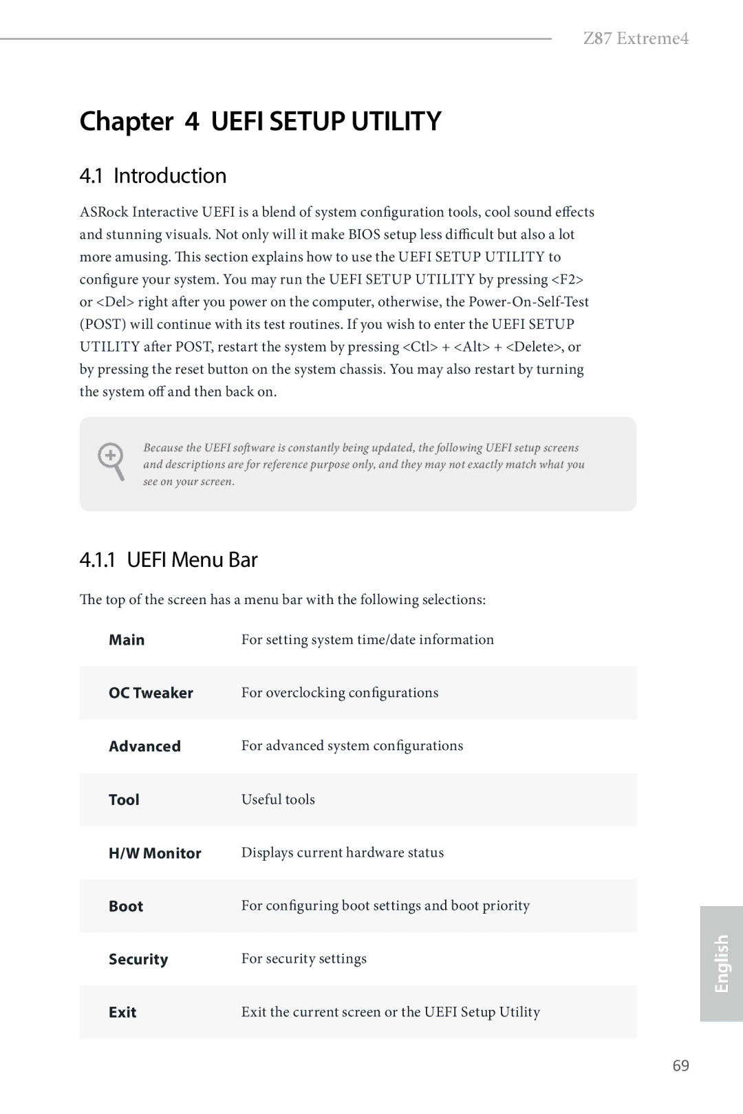ASRock Z87 Extreme4 manual Introduction, Uefi Menu Bar 