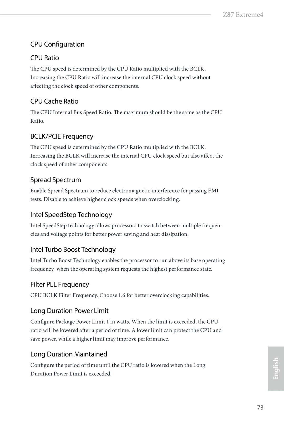 ASRock Z87 Extreme4 manual CPU Configuration CPU Ratio, CPU Cache Ratio, BCLK/PCIE Frequency, Spread Spectrum 