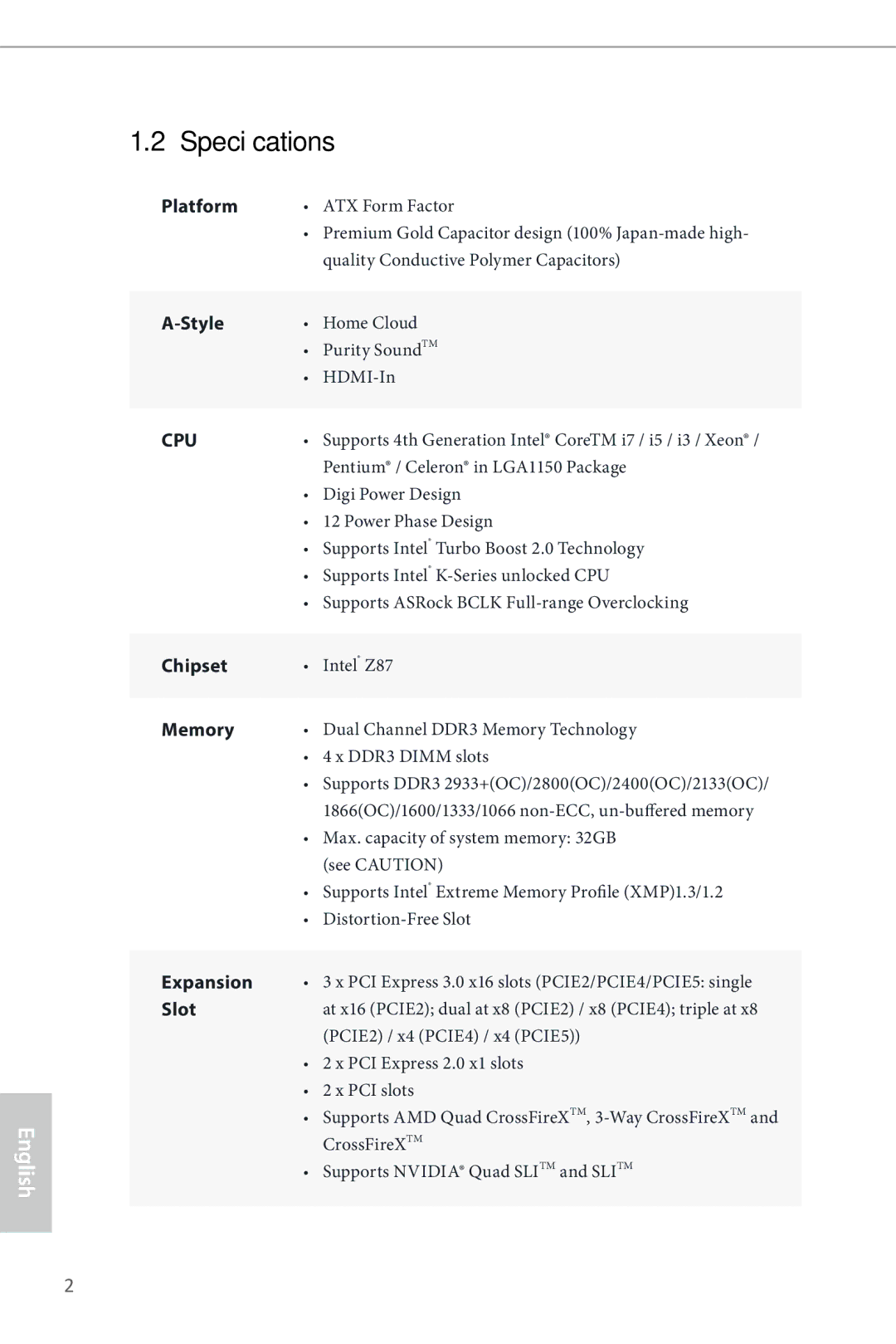 ASRock Z87 Extreme4 manual Specifications, Platform 