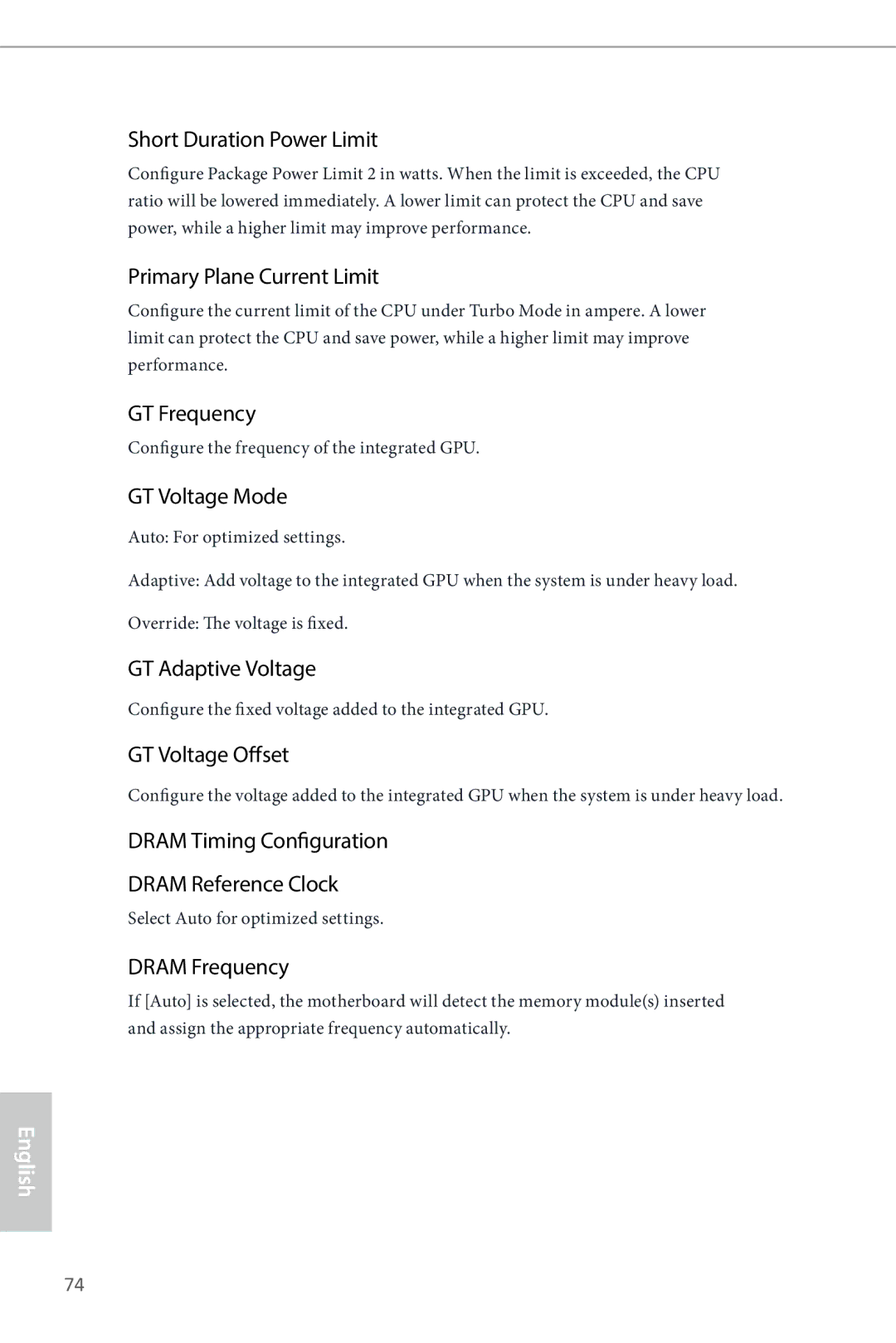 ASRock Z87 Extreme4 Short Duration Power Limit, Primary Plane Current Limit, GT Frequency, GT Voltage Mode, Dram Frequency 