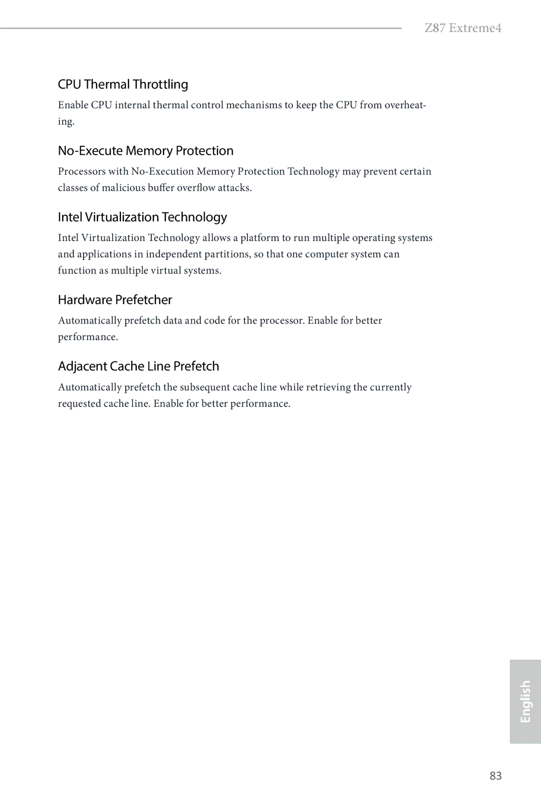 ASRock Z87 Extreme4 manual CPU Thermal Throttling, No-Execute Memory Protection, Intel Virtualization Technology 