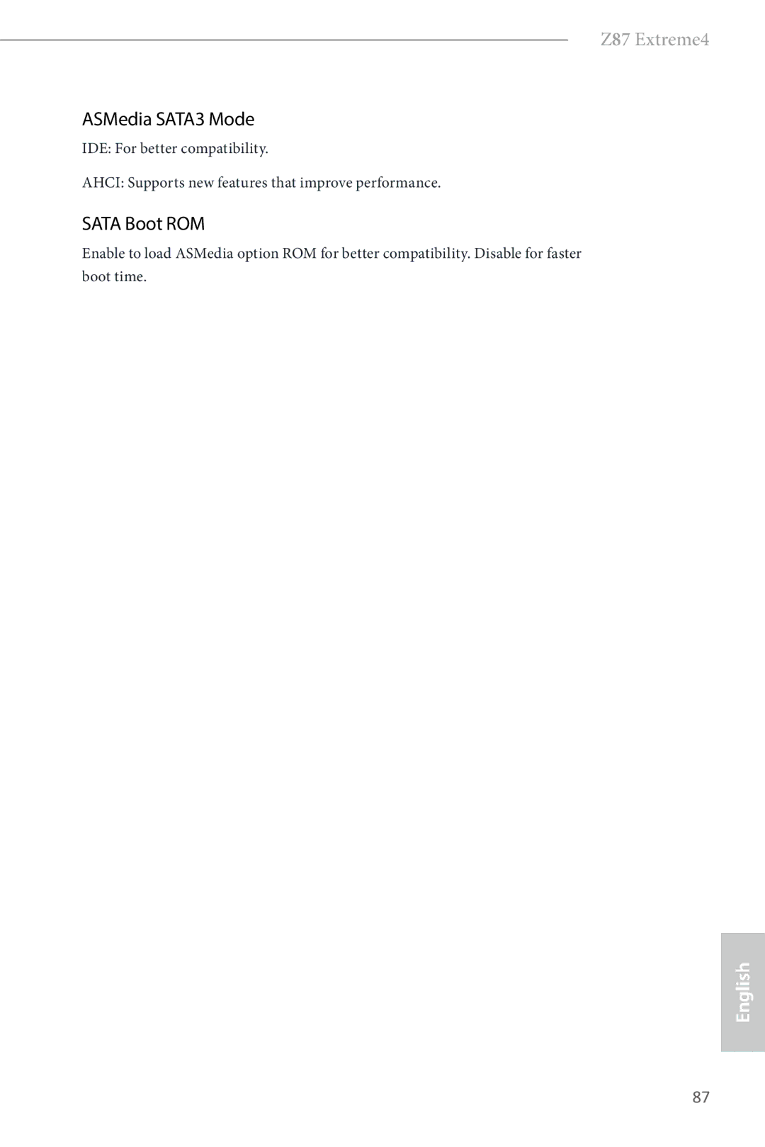 ASRock Z87 Extreme4 manual ASMedia SATA3 Mode, Sata Boot ROM 