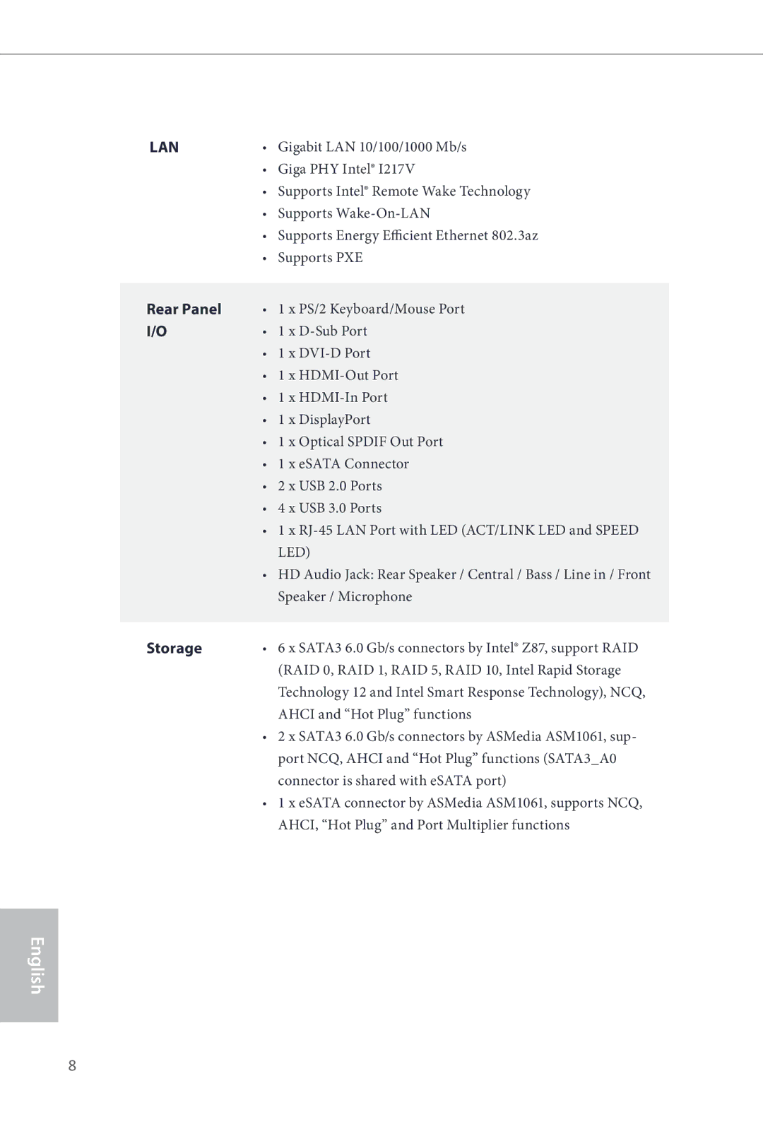 ASRock Z87 Extreme4 manual Rear Panel, Storage 