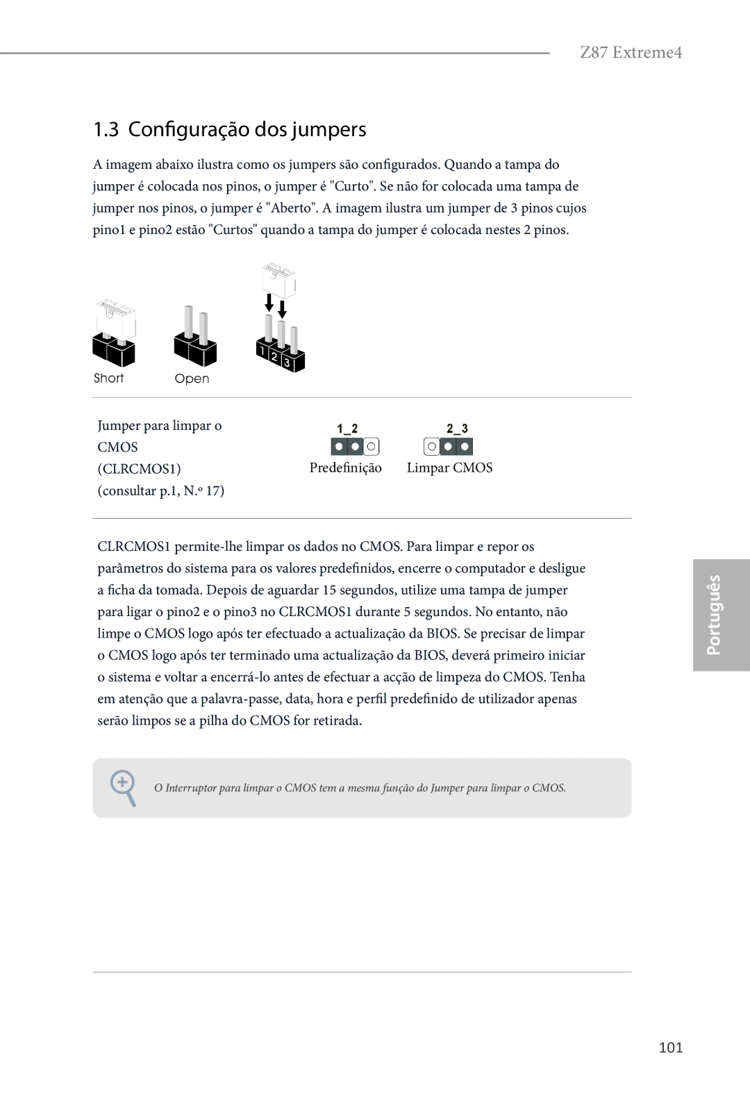 ASRock Z87 Extreme4 Configuração dos jumpers, 101, Jumper para limpar o, Predefinição Limpar Cmos, Consultar p.1, N.º 