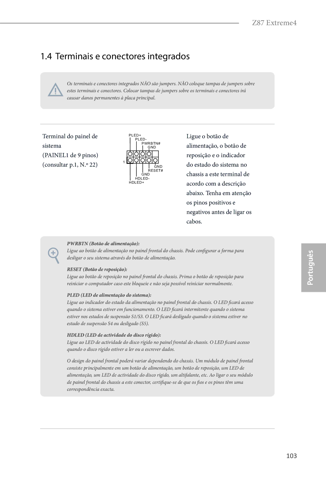 ASRock Z87 Extreme4 manual Terminais e conectores integrados, 103, Terminal do painel de sistema 