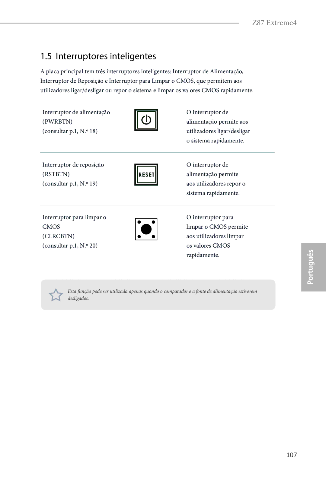 ASRock Z87 Extreme4 manual 107, Interruptor de alimentação, Alimentação permite aos 