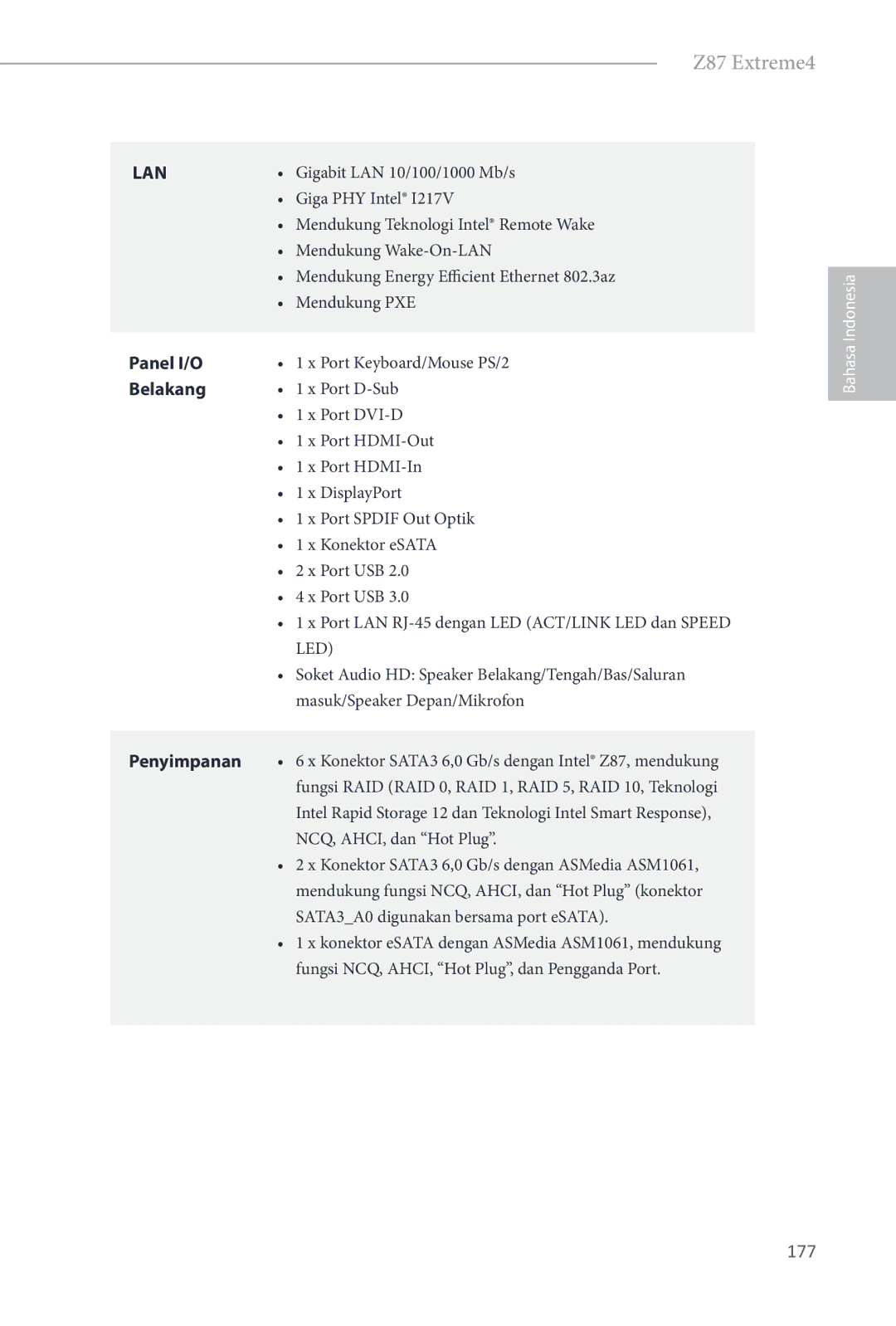 ASRock Z87 Extreme4 manual 177, Panel I/O, Belakang 