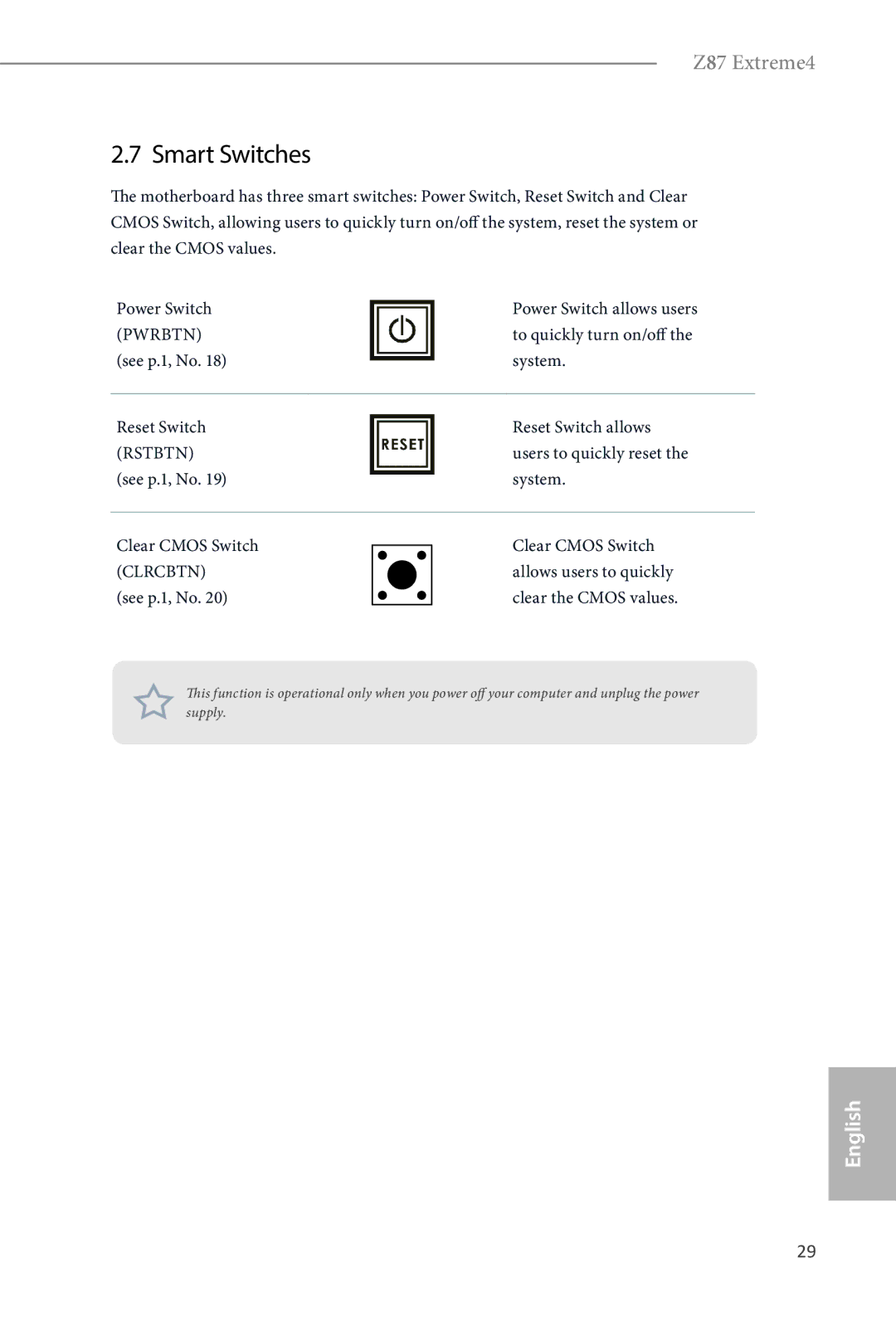 ASRock Z87 Extreme4 manual Smart Switches, To quickly turn on/off, See p.1, No System Reset Switch Reset Switch allows 
