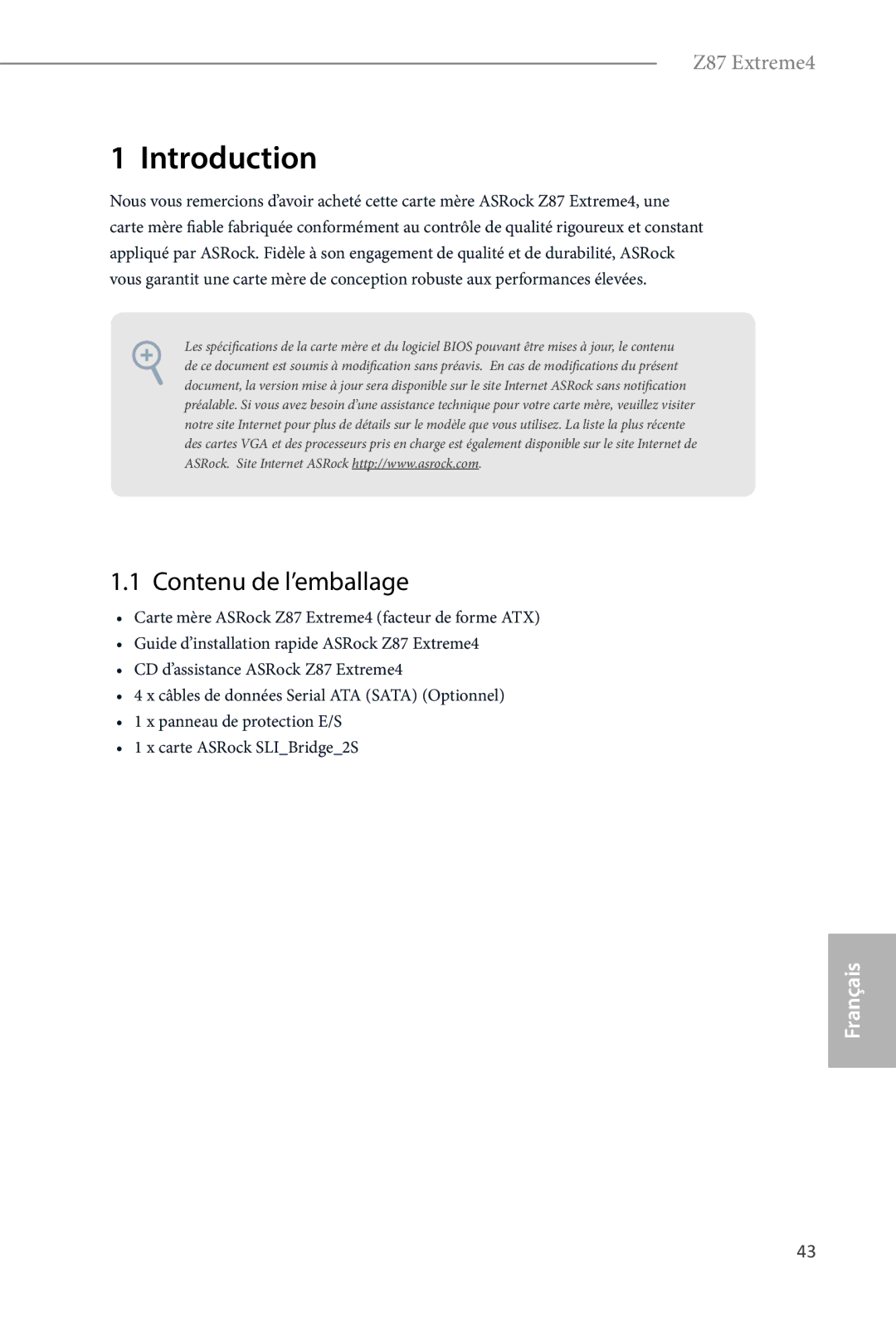 ASRock Z87 Extreme4 manual Contenu de l’emballage 