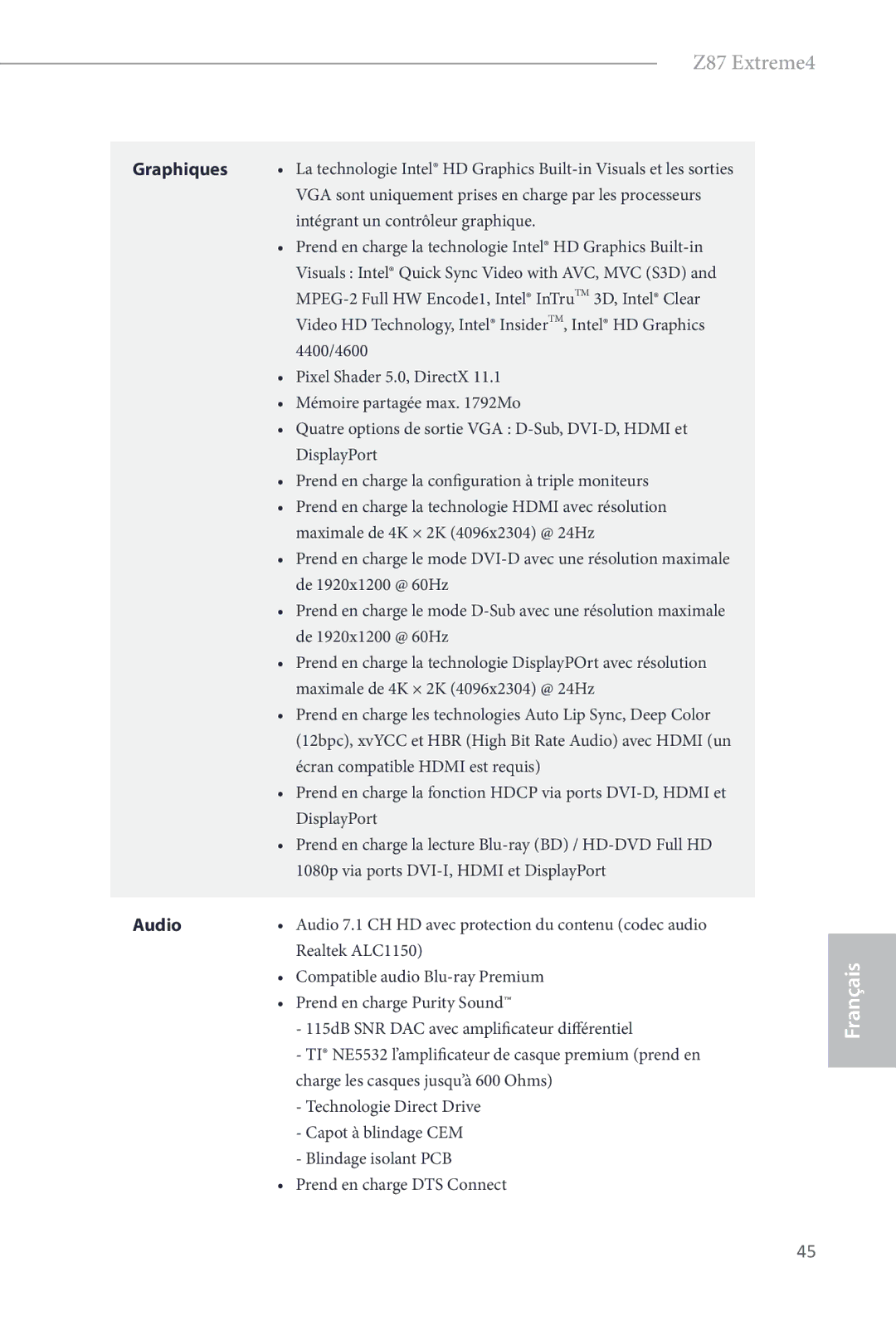ASRock Z87 Extreme4 manual Graphiques 