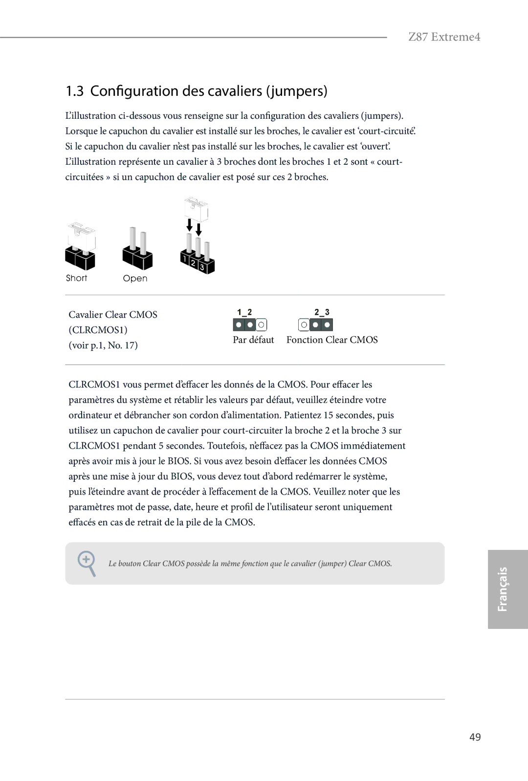 ASRock Z87 Extreme4 Configuration des cavaliers jumpers, Cavalier Clear Cmos, Par défaut Fonction Clear Cmos, Voir p.1, No 