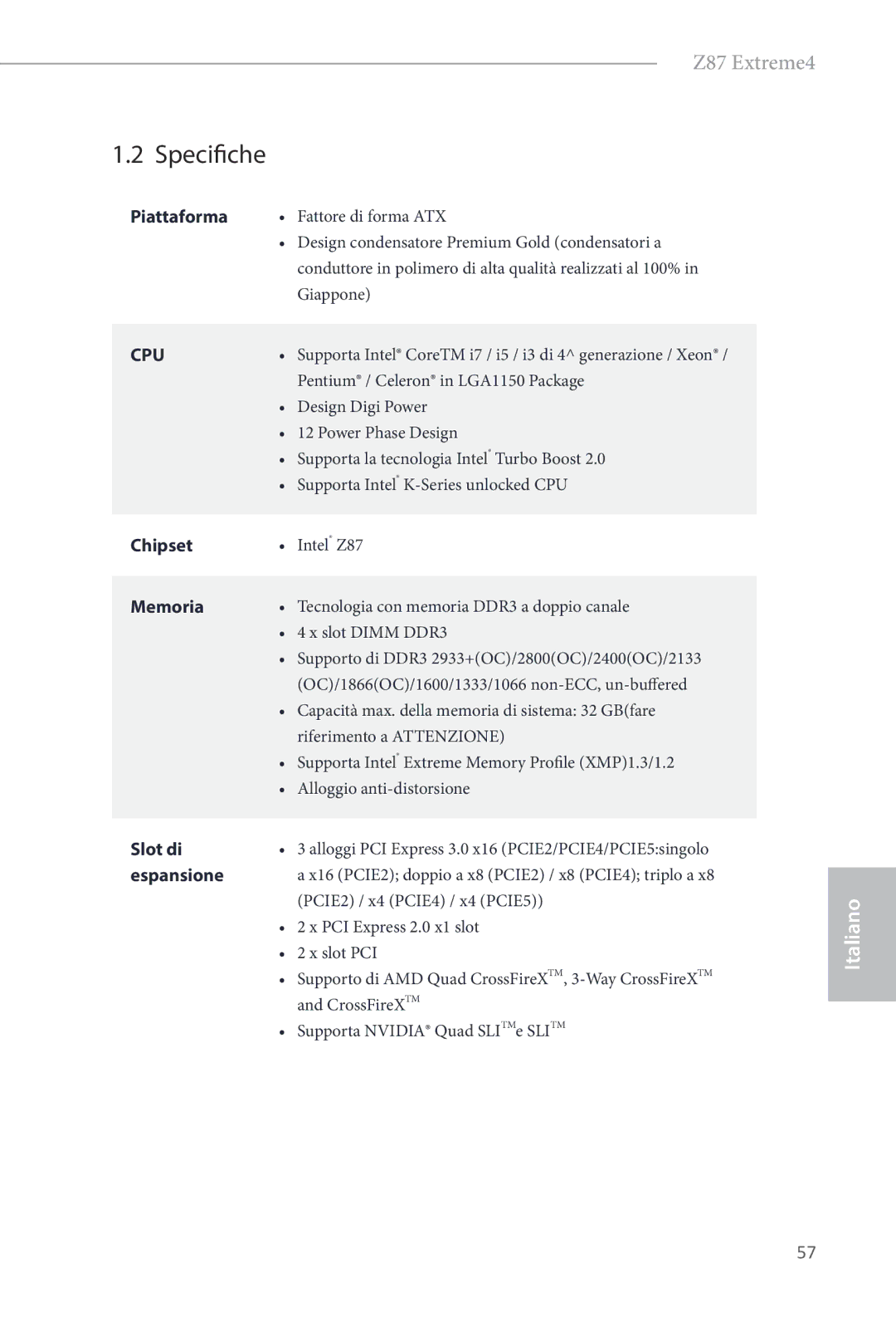 ASRock Z87 Extreme4 manual Specifiche, Piattaforma, Memoria, Slot di, Espansione 