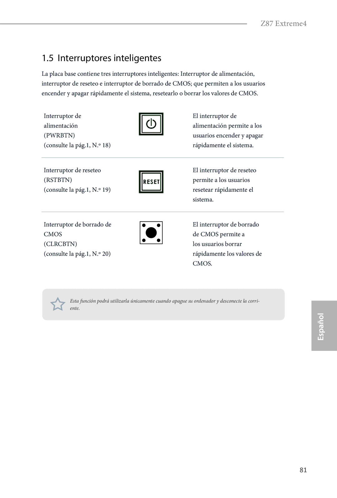 ASRock Z87 Extreme4 manual Interruptores inteligentes, Usuarios encender y apagar, Permite a los usuarios 