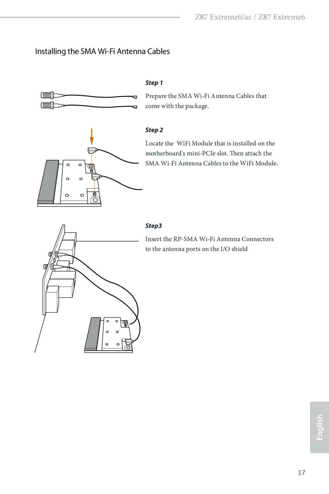 ASRock Z87 Extreme6 manual Installing the SMA Wi-Fi Antenna Cables 