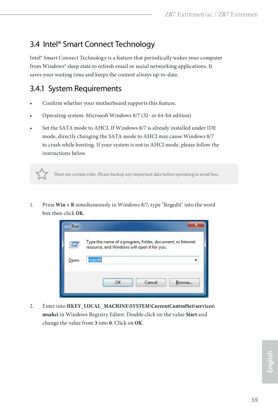 ASRock Z87 Extreme6 manual Intel Smart Connect Technology, System Requirements 