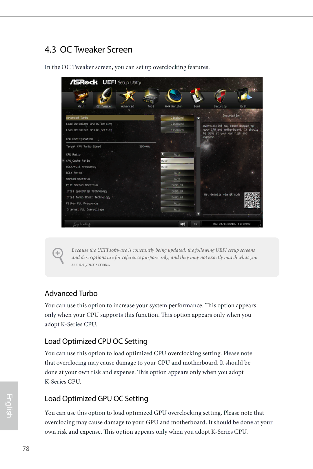 ASRock Z87 Extreme6 manual OC Tweaker Screen, Advanced Turbo, Load Optimized CPU OC Setting, Load Optimized GPU OC Setting 