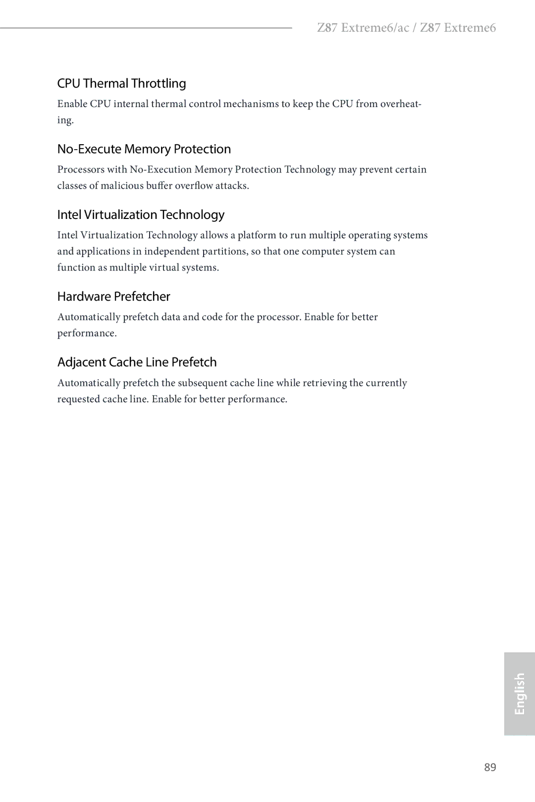 ASRock Z87 Extreme6 manual CPU Thermal Throttling, No-Execute Memory Protection, Intel Virtualization Technology 