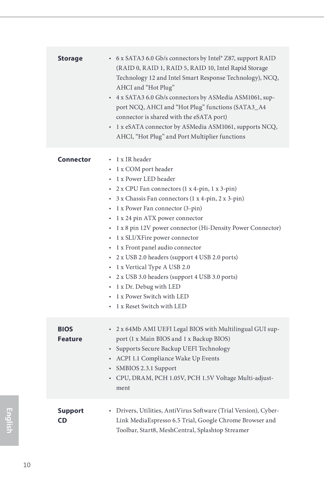 ASRock Z87 Extreme6 manual Storage, Connector, Feature, Support 