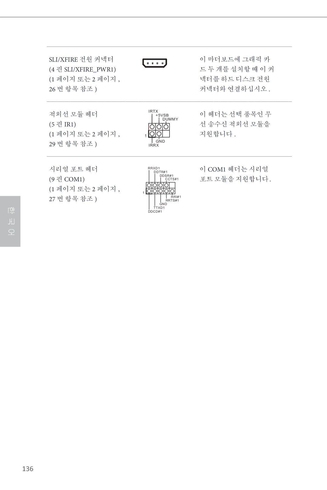 ASRock Z87 Extreme6 manual 136, Sli/Xfire 전원 커넥터, SLI/XFIREPWR1, IR1, COM1 