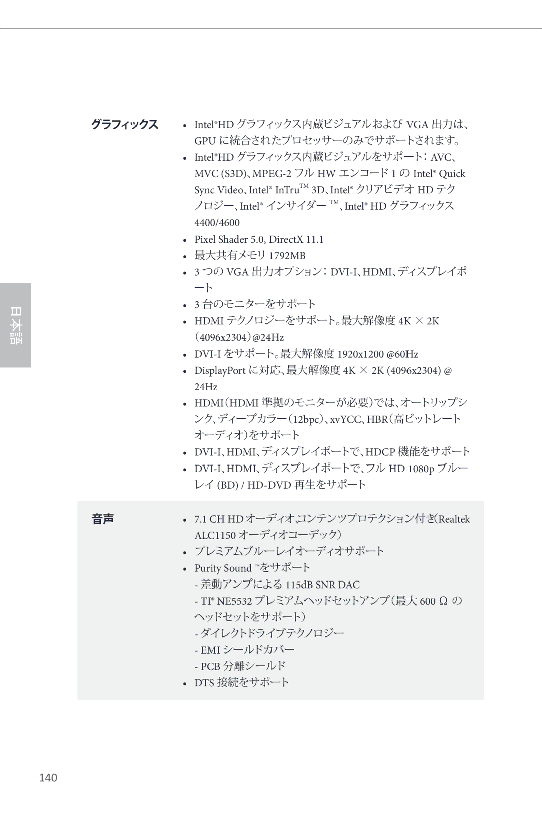 ASRock Z87 Extreme6 manual 140, 4400/4600 Pixel Shader 5.0, DirectX, Purity Sound をサポート, 差動アンプによる 115dB SNR DAC, Pcb 分離シールド 