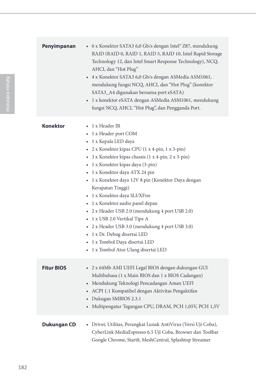 ASRock Z87 Extreme6 manual 182, Penyimpanan, Konektor, Fitur Bios, Dukungan CD 