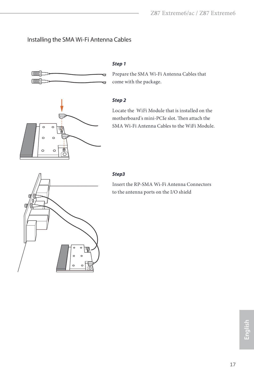 ASRock Z87 Extreme6 manual Installing the SMA Wi-Fi Antenna Cables 