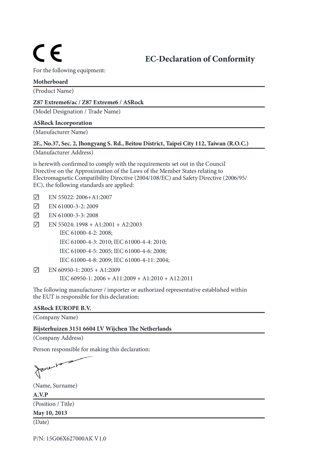 ASRock Z87 Extreme6 manual EC-Declaration of Conformity 