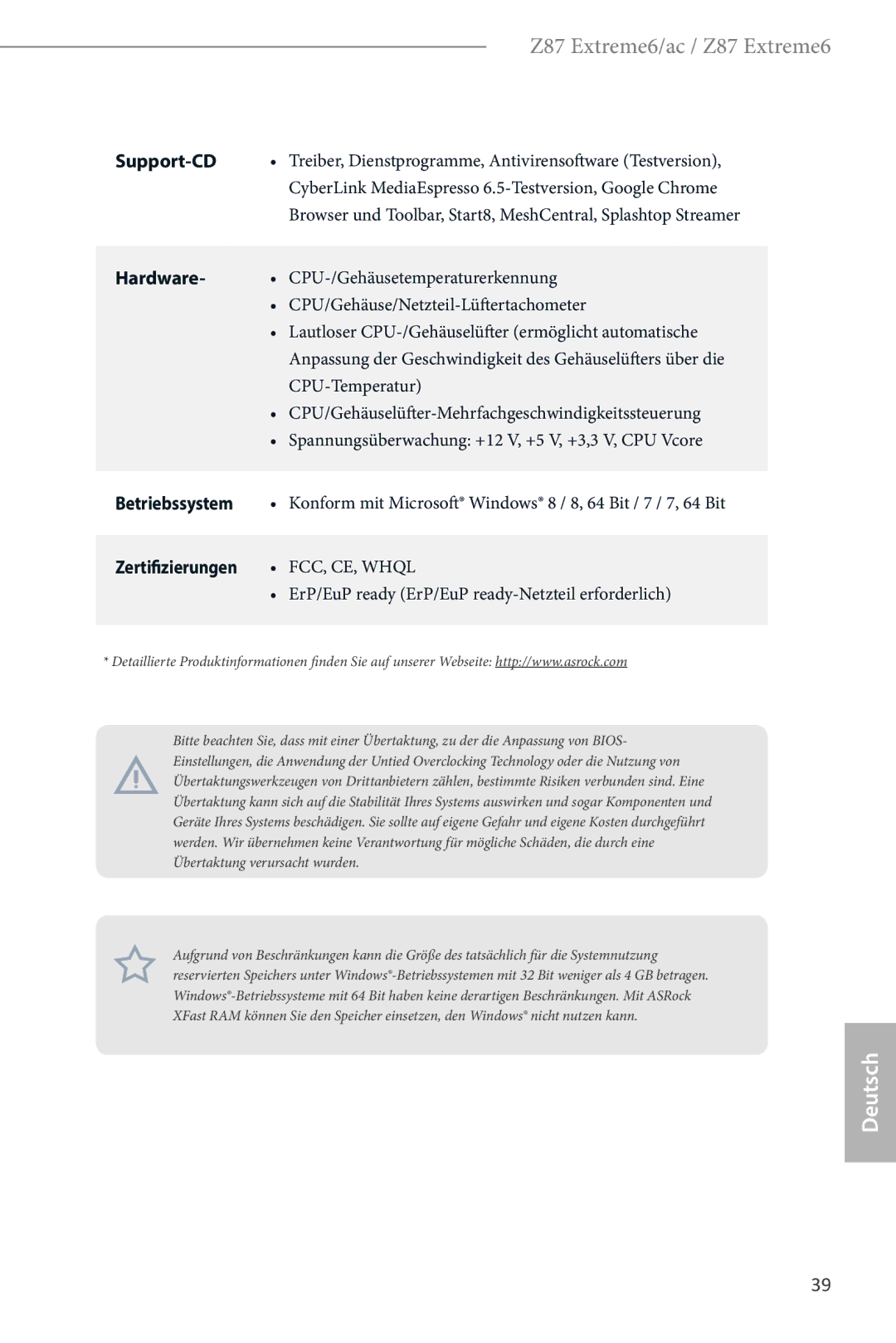 ASRock Z87 Extreme6 manual Support-CD, Betriebssystem, Zertifizierungen 