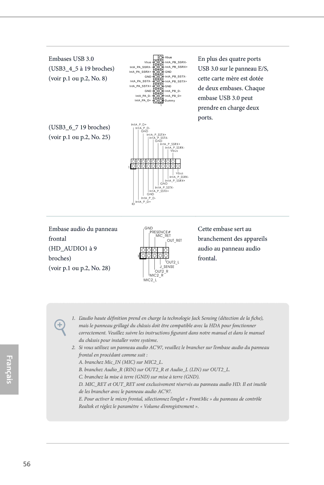 ASRock Z87 Extreme6 manual Embases USB, USB345 à 19 broches voir p.1 ou p.2, No 