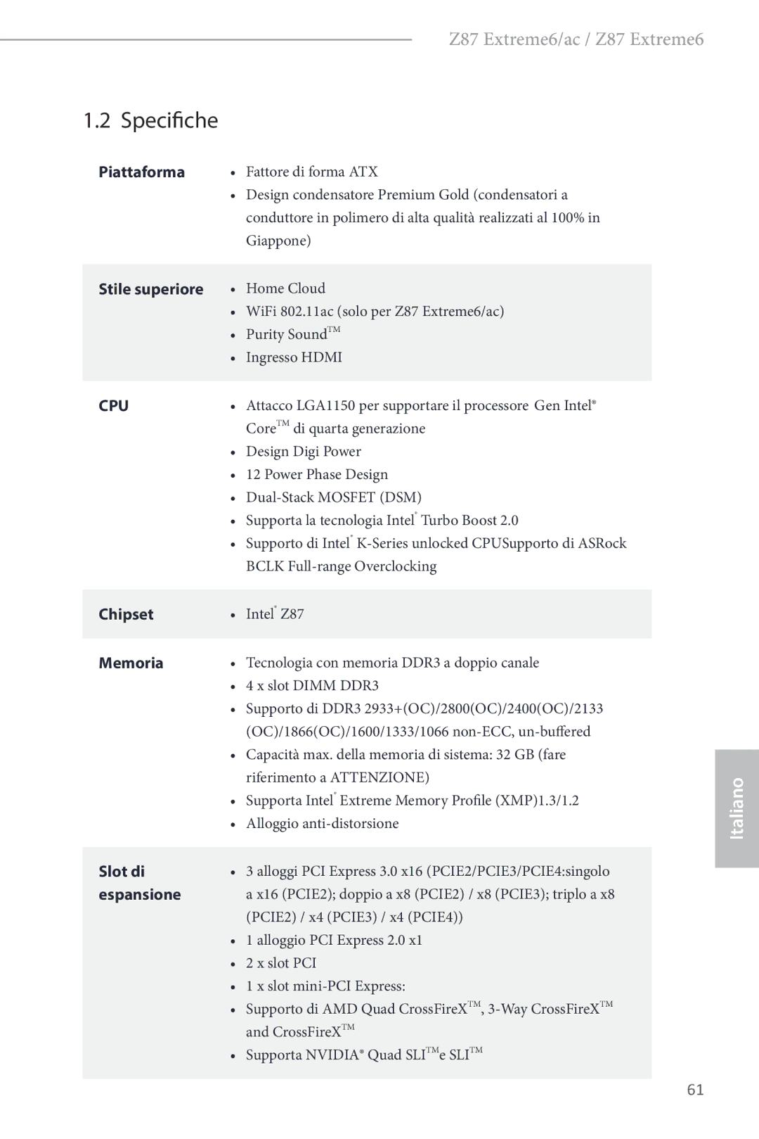 ASRock Z87 Extreme6 manual Specifiche 