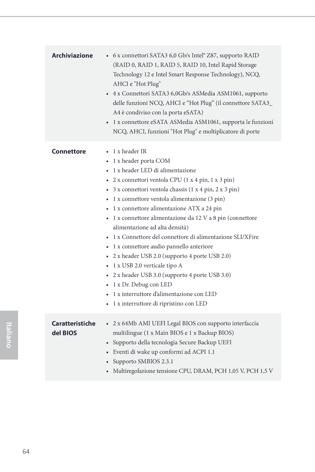 ASRock Z87 Extreme6 manual Connettore, Caratteristiche, Del Bios 