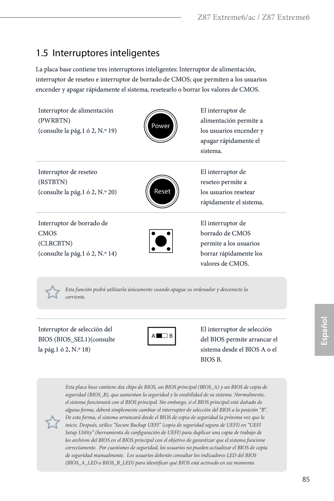 ASRock Z87 Extreme6 manual Interruptores inteligentes, Bios B 