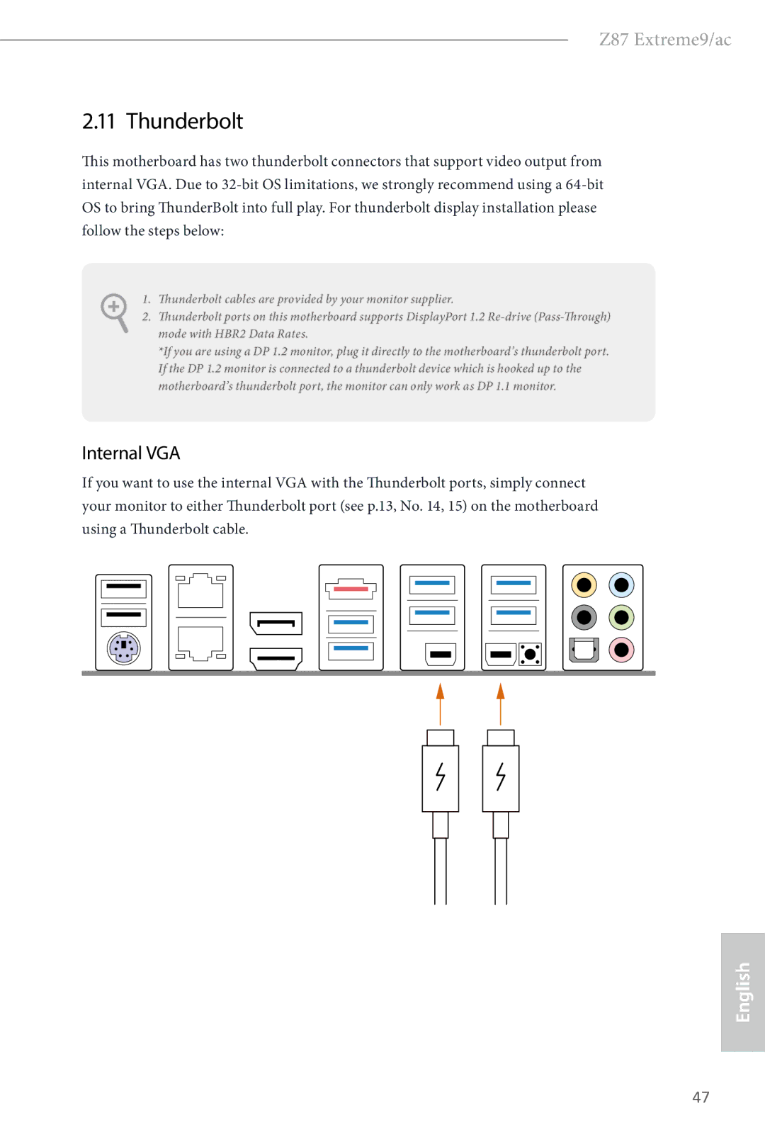 ASRock Z87 Extreme9/ac manual Thunderbolt, Internal VGA 