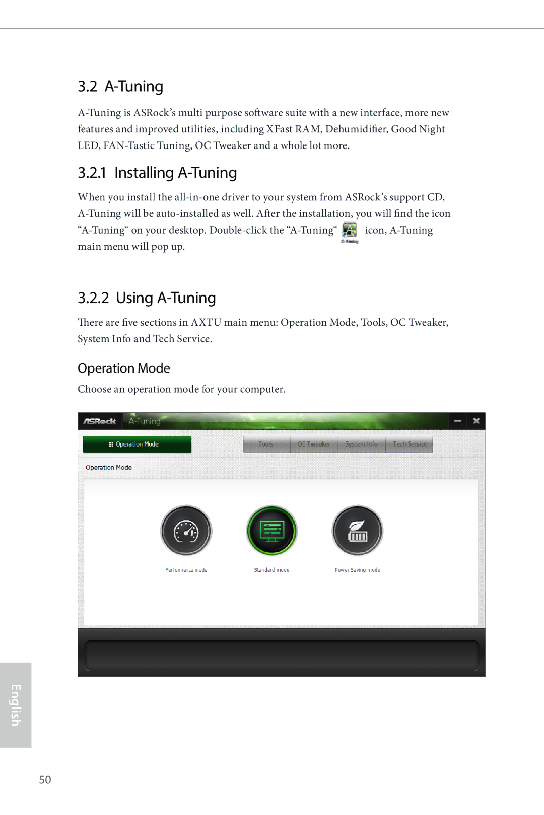 ASRock Z87 Extreme9/ac Installing A-Tuning, Using A-Tuning, Operation Mode, Choose an operation mode for your computer 