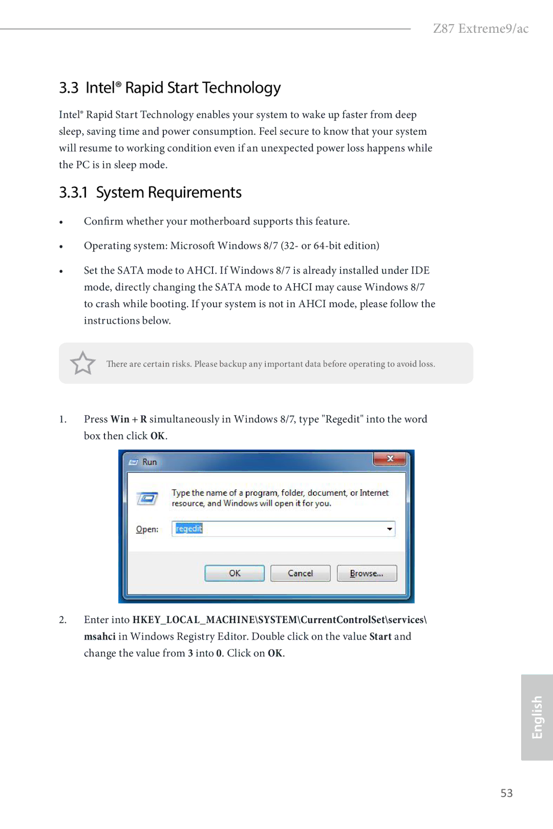 ASRock Z87 Extreme9/ac manual Intel Rapid Start Technology, System Requirements 