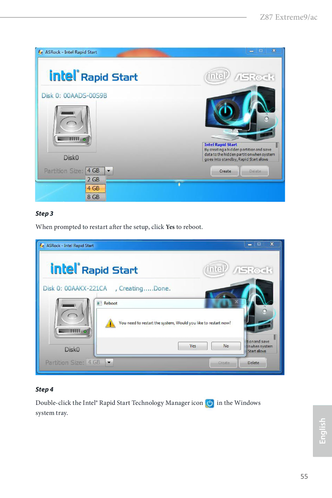 ASRock Z87 Extreme9/ac manual Double-click the Intel Rapid Start Technology Manager icon, System tray 